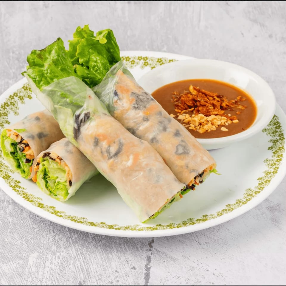Three Vietnamese spring rolls with lettuce, tofu, and vegetables on a plate with peanut dipping sauce.